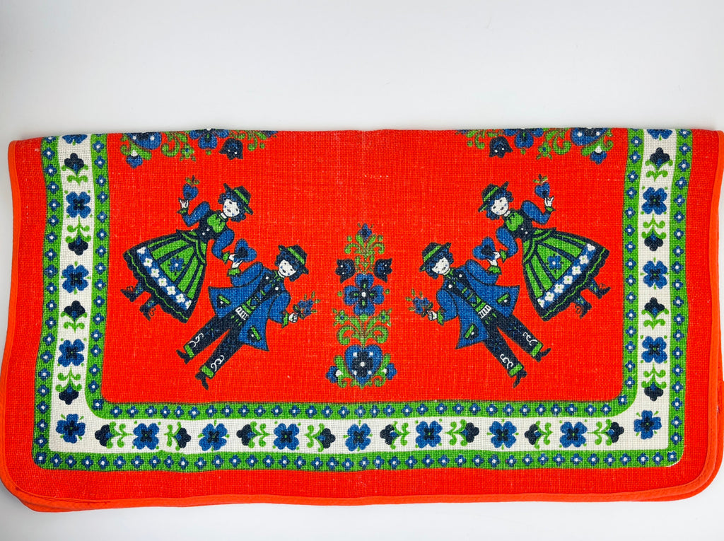 Product image for 'vintage german folk art floral square red table cloth jute polyester blend made in western germany by nagel piepmats' (view ee6d24)
