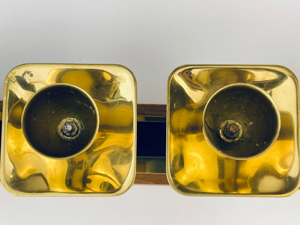 Product image for 'vintage brass teak candlestick holders attractive aged patina centrepiece decor' (view 62c0f8)