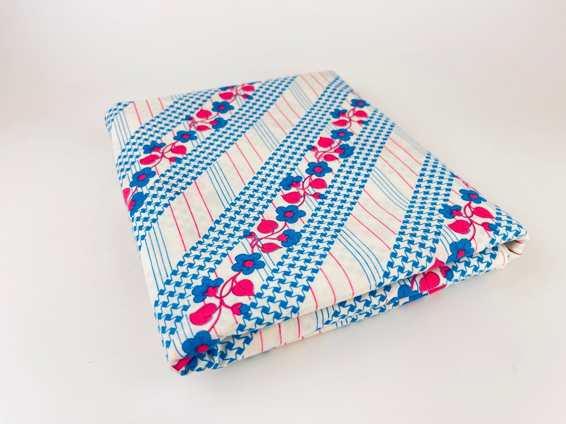Product image for 'vintage 70s blue pink floral striped polyester fabric 45 x 104' (view e94a4c)