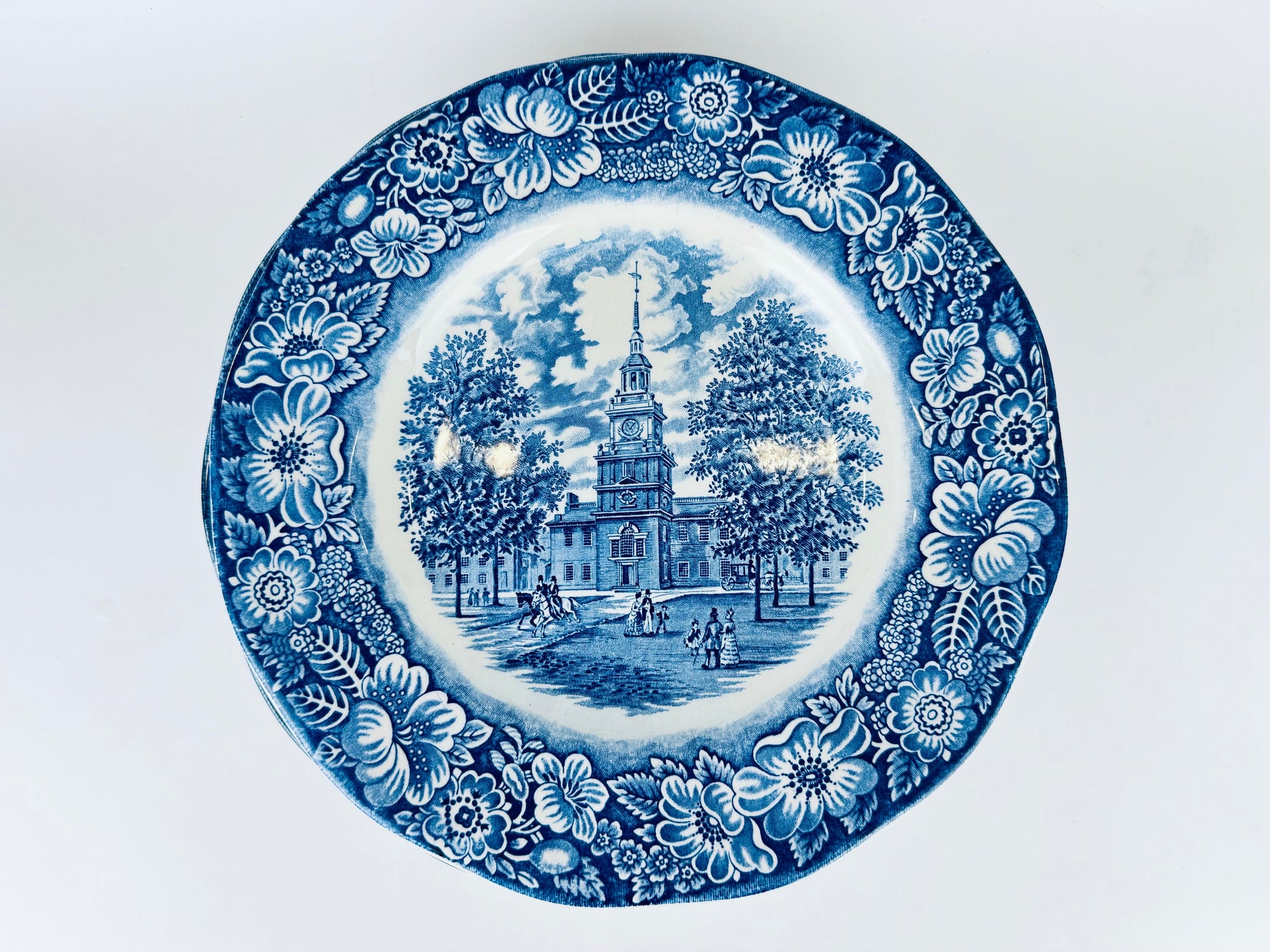 Product image for 'vintage liberty blue staffordshire ironstone 9 75 replacement plates independence hall pattern made in england sold individually' (view 95e4b8)