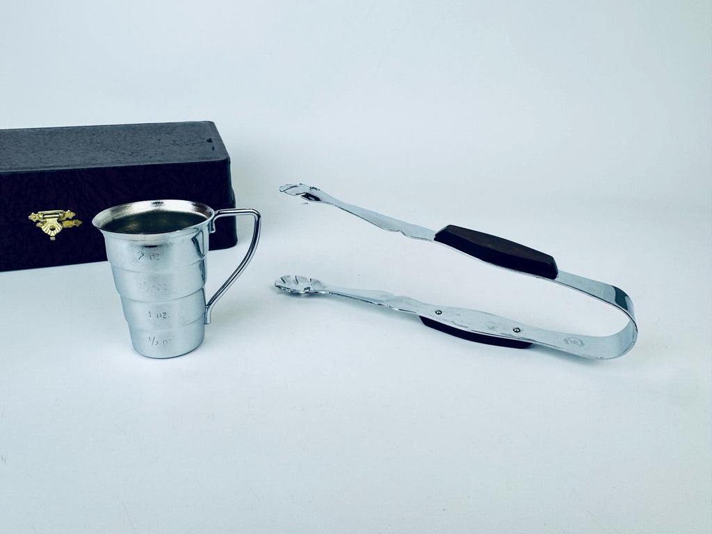 Product image for 'vintage 1950s chrome glo hill barmates bar set ice tongs jigger with rosewood handles canadian mid century gift boxed' (view 31615b)