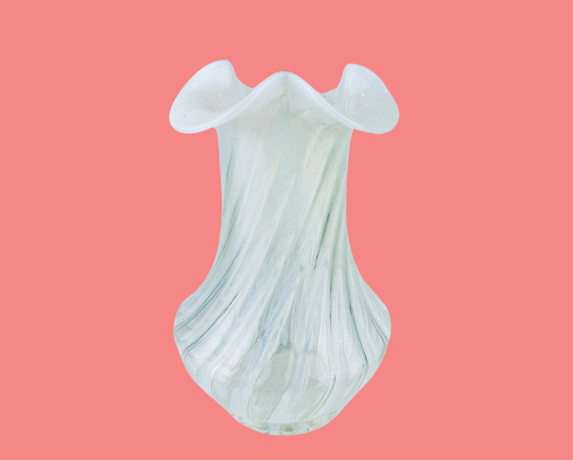 Product image for 'vintage white striped opalescent vaseline glass vase ruffled edge top' (view c08a71)
