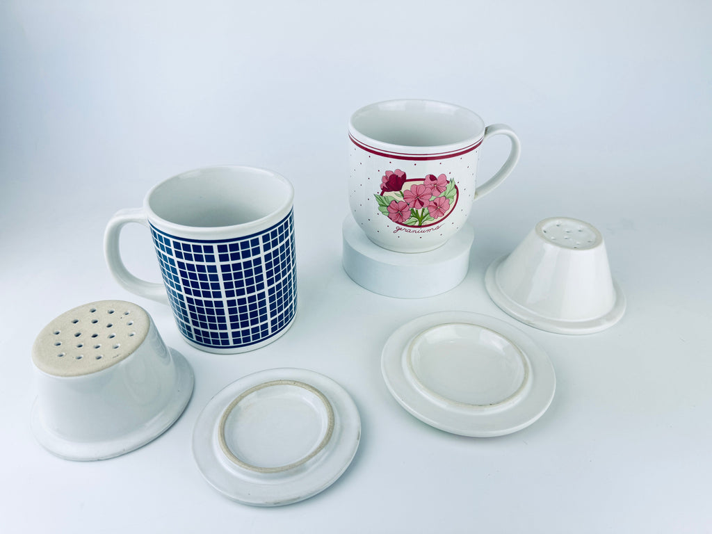Product image for 'vintage ceramic tea mugs blue plaid pink geraniums design sold separately' (view b7e169)