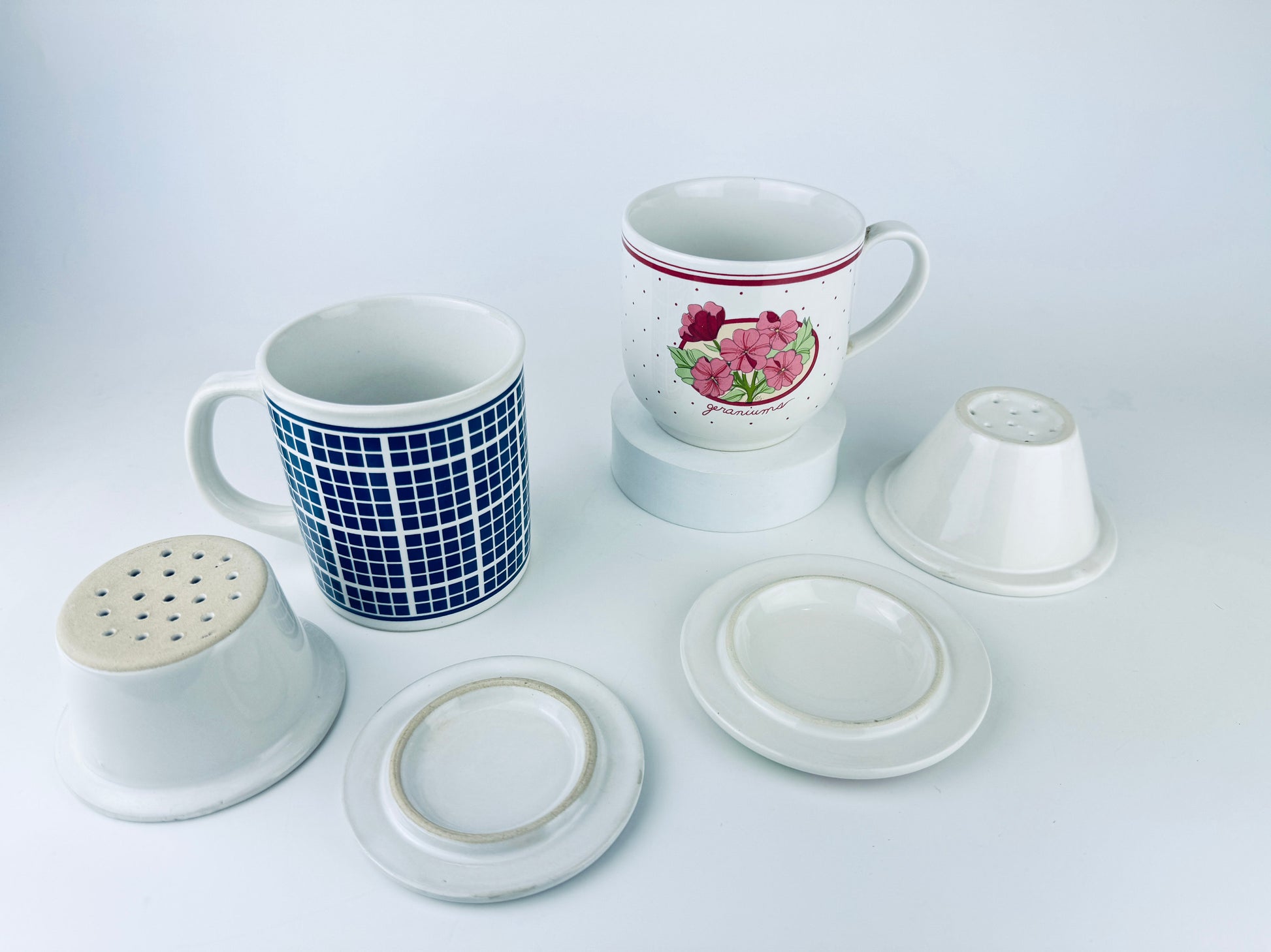 Product image for 'vintage ceramic tea mugs blue plaid pink geraniums design sold separately' (view b7e169)