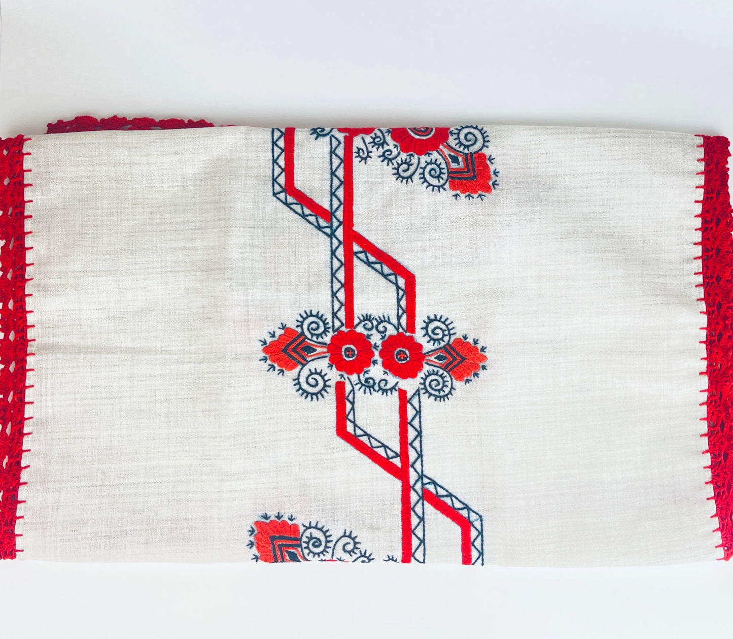 Product image for 'vintage embroidered table runner linen red black floral red stitch fringe' (view 860317)