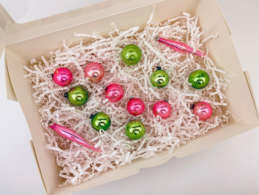 Product image for 'vintage mini pink green glass christmas ornaments set of 14 round icicle 1950s' (view d7aa7c)