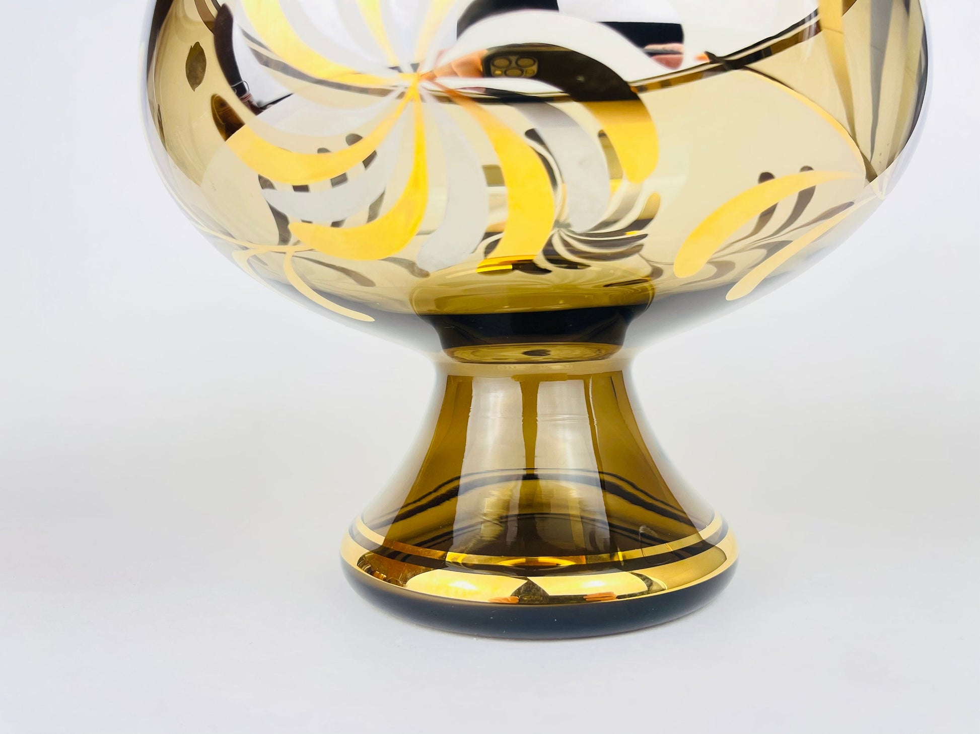 Product image for 'vintage bohemian footed glass compote bowl smokey gold art glass with floral motif made in czechoslovakia' (view ee8724)
