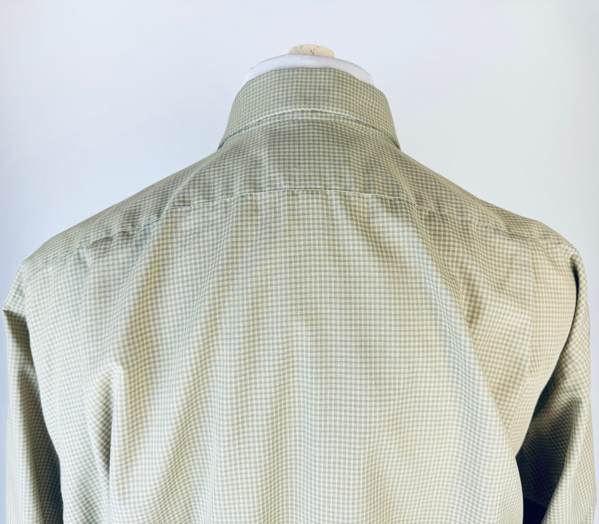 Product image for 'vintage geoffrey beene long sleeve button down green grey gingham shirt size 17 32 33 large made in hong kong' (view 0044c7)