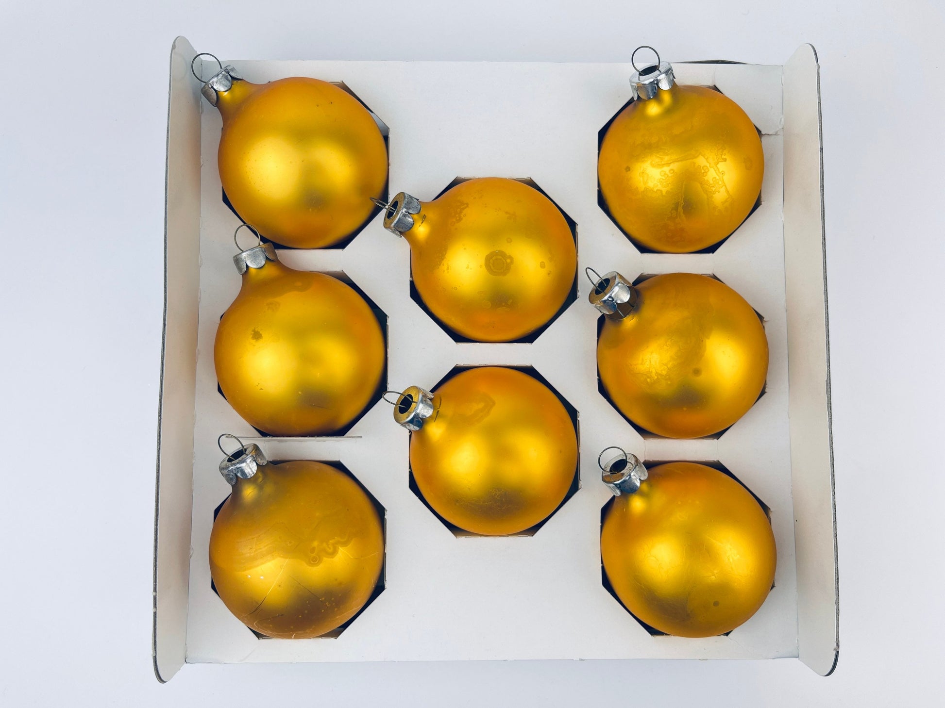 Product image for 'vintage gold glass christmas tree ornaments set of eight 8 american made by holly ornaments rustic aged' (view f52d54)