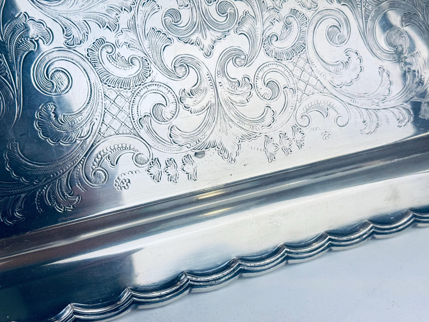 Product image for 'vintage antique ornate scroll silver handled tray primerose plate' (view f572fe)