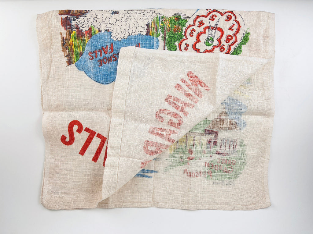 Product image for 'vintage niagara falls canada tea towel multicolour 1960s linen souvenir maid of the mist horseshoe falls floral clock' (view e0ea0e)