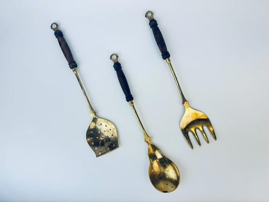 Product image for 'vintage kitchen brass wood utensil set set of three 3 primitive rustic farmhouse kitchen decor' (view 77be2d)