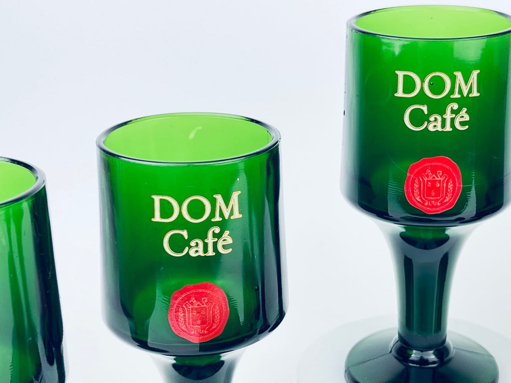 Product image for 'vintage 1970s mid century emerald green dom cafe glasses heavy pressed glass set of 6 liqueur wine goblets' (view ed339d)