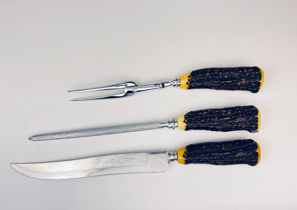 Product image for 'vintage faux antler serving utensil knife set sheffield england forged steel knife sharpener cutler john palmer knife' (view a4dd33)
