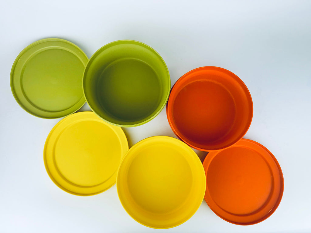 Product image for 'vintage plastic tupperware container set harvest orange yellow avocado green made in canada sold separately' (view b86481)