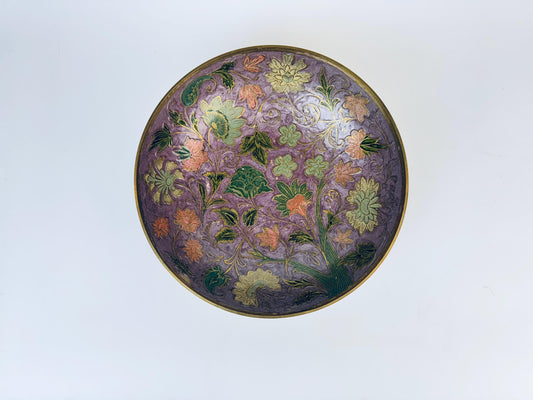 Product image for 'vintage 8 brass cloisonne decorative round pedestal bowl enamel hand painted purple floral design' (view 7eaf36)