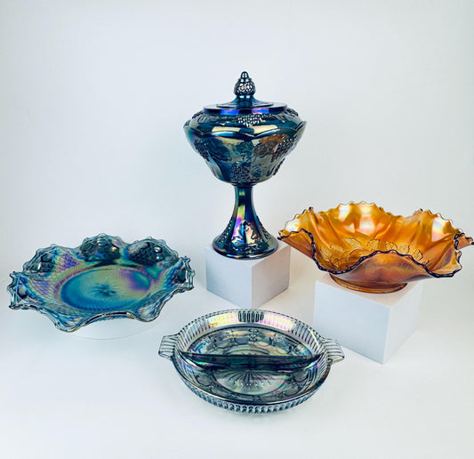 Product image for 'vintage collectible carnival glass peacock blue marigold smoke grey colour sold separately' (view c1b5c6)