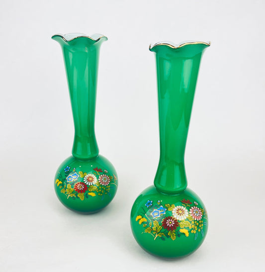 Product image for 'vintage glass bud vases set of two 2 hand painted enamelled flowers gold rim top pattern made in japan' (view cabe42)