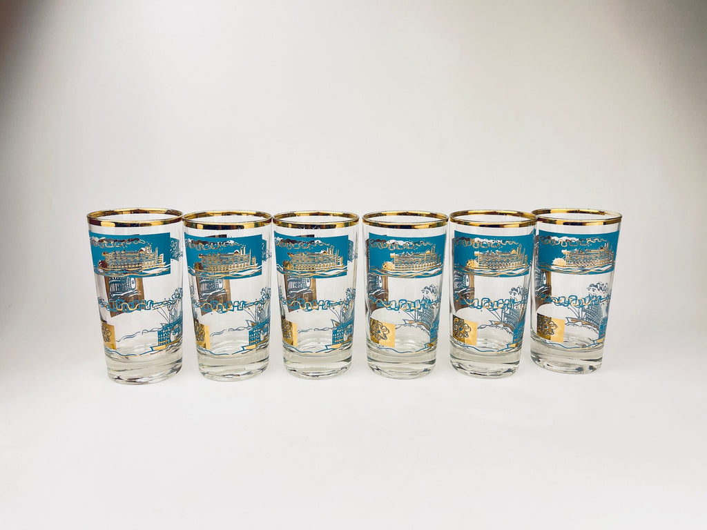 Product image for 'vintage mcm riverboat highball glass barware set set of six 6 22 kt gold aqua teal southern comfort libbey glassware' (view d1815f)