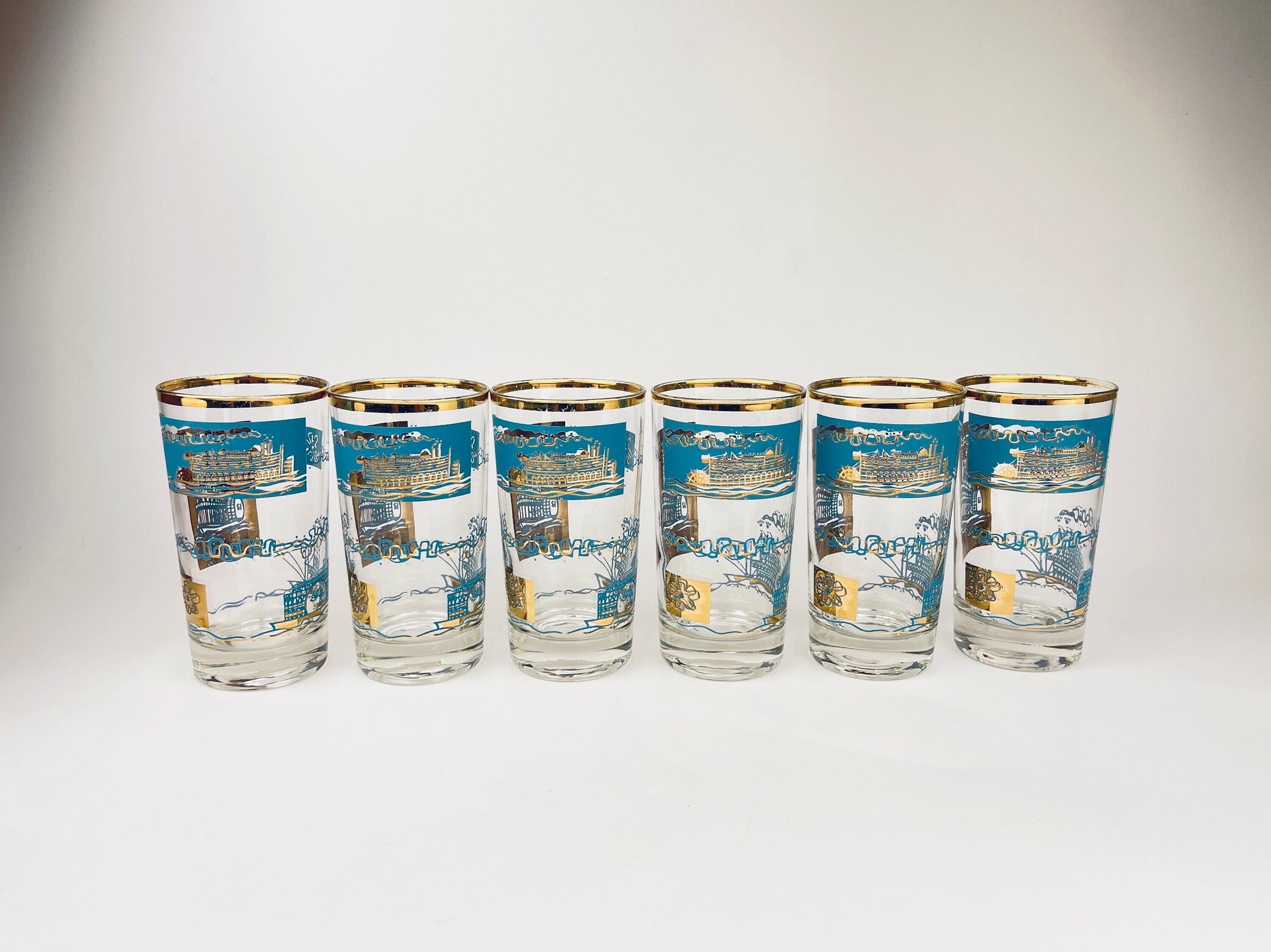 Product image for 'vintage mcm riverboat highball glass barware set set of six 6 22 kt gold aqua teal southern comfort libbey glassware' (view d1815f)