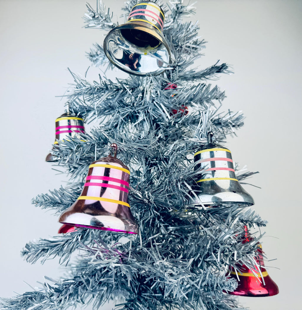 Product image for 'vintage pink silver striped plastic bell christmas tree ornaments set of eight 8' (view f454e5)