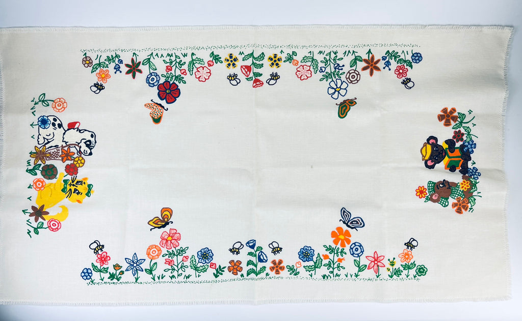 Product image for 'vintage hand painted beige floral animal print linen table runner centrepiece fringe edge' (view 0ab06c)