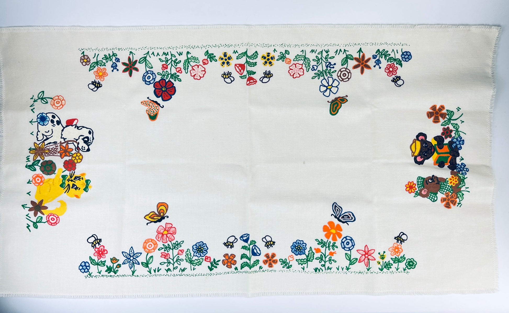 Product image for 'vintage hand painted beige floral animal print linen table runner centrepiece fringe edge' (view 0ab06c)