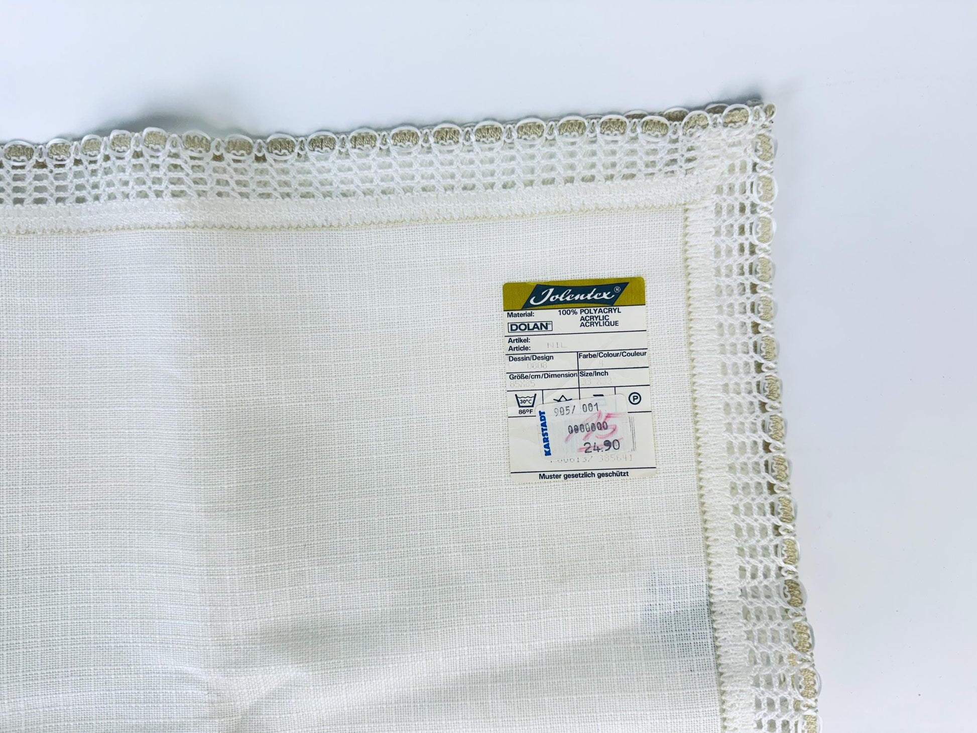 Product image for 'vintage 70s jolentex beige square tablecloth 32 x 32 lace edge 100 polyacrylic made in western germany new old stock nos' (view d218ad)