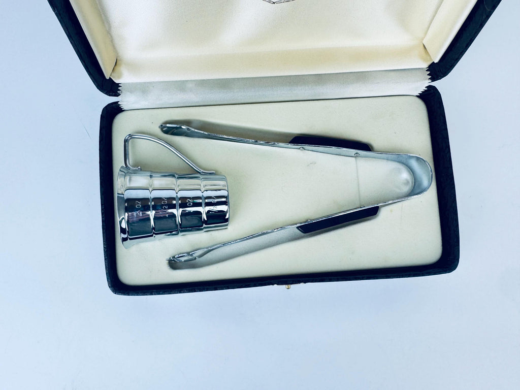 Product image for 'vintage 1950s chrome glo hill barmates bar set ice tongs jigger with rosewood handles canadian mid century gift boxed' (view deee93)
