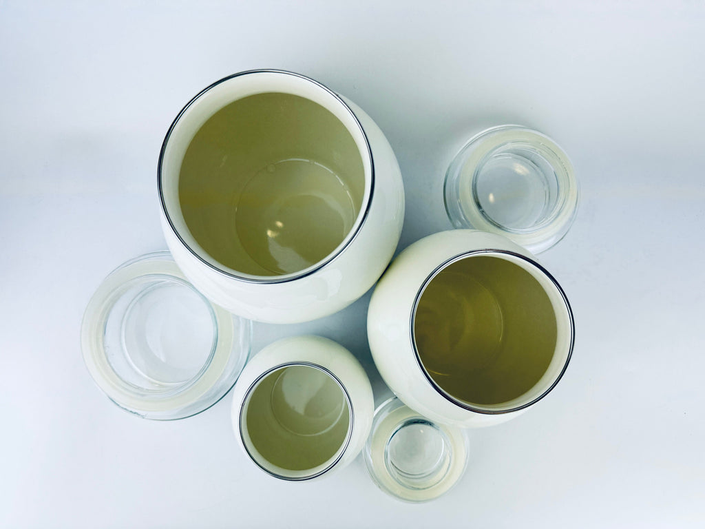 Product image for 'vintage ikea beige blue striped enamelled metal round airtight countertop canister set set of three 3' (view be0705)