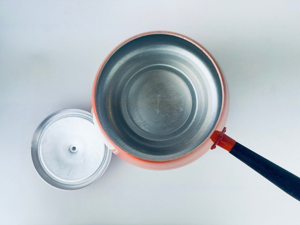 Product image for 'vintage bright orange metal fondue set wood accents made in hong kong' (view f6043d)