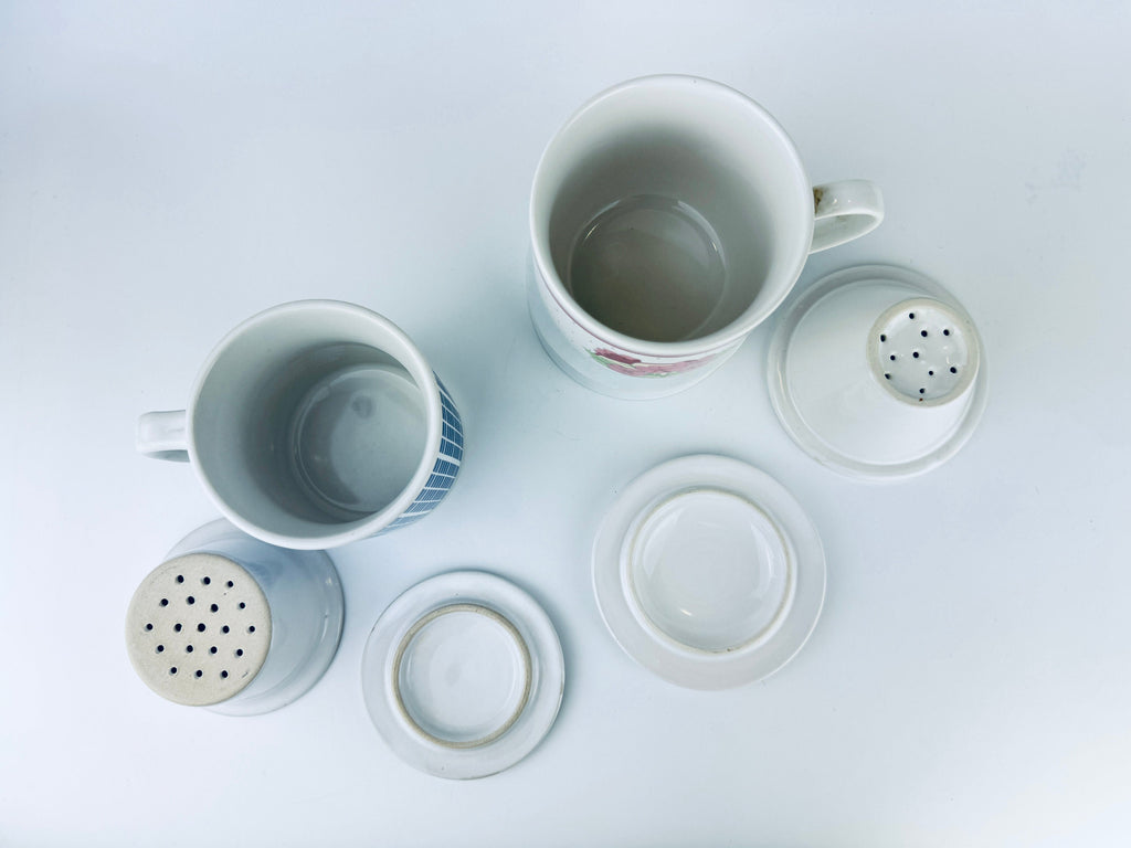 Product image for 'vintage ceramic tea mugs blue plaid pink geraniums design sold separately' (view 3fad40)