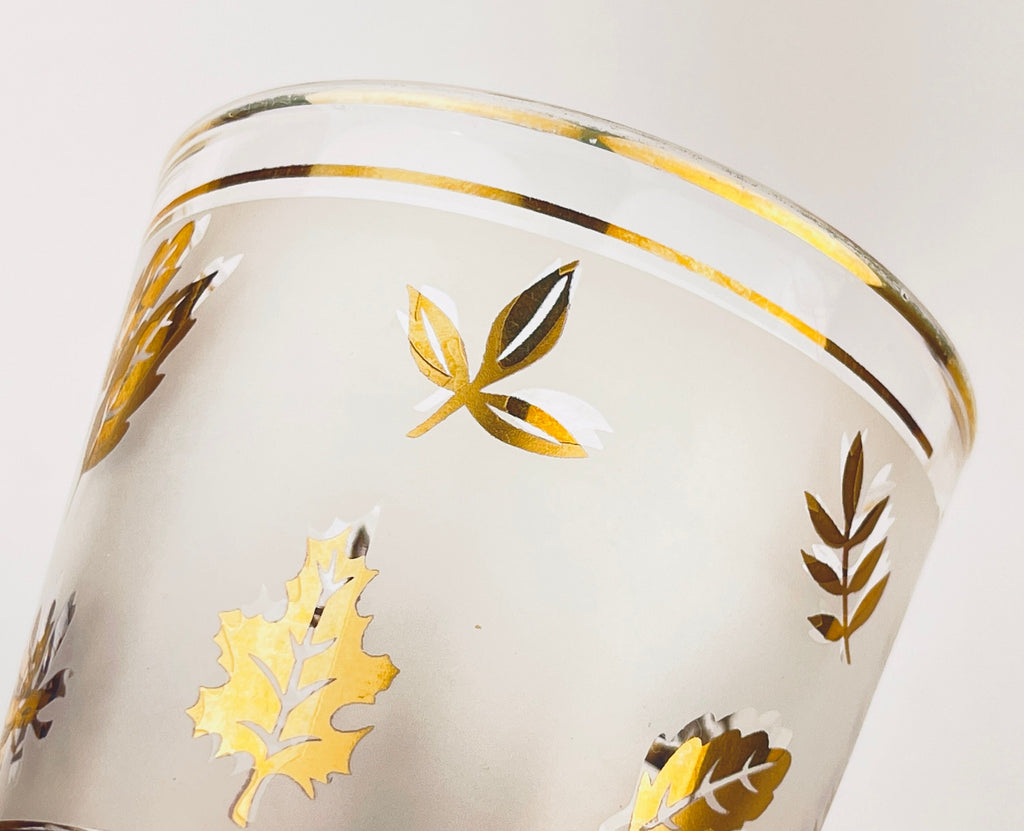 Product image for 'vintage mcm low ball glasses set of two 2 frosted gold leaf pattern' (view aa749d)