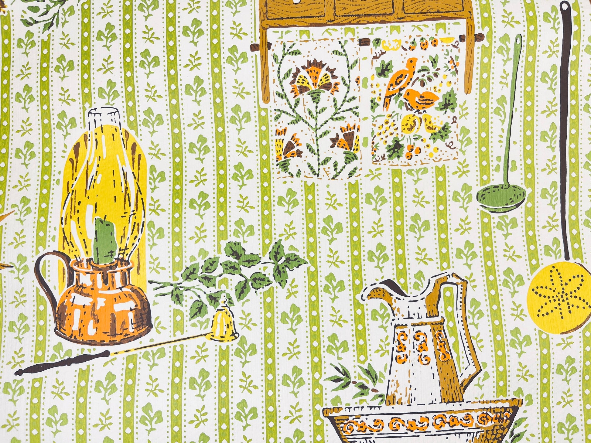 Product image for 'vintage beige green kitchy kitchen wallpaper lightly textured vintage craft project paper upcycle material' (view 5bd979)
