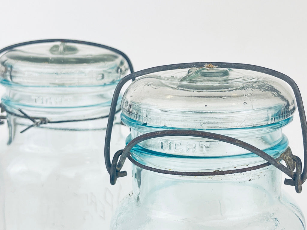 Product image for 'antique safety seal wide mouth aqua blue glass jar 2 pint capacity lightning metal hinge clasp made in canada sold separately' (view 3dd378)