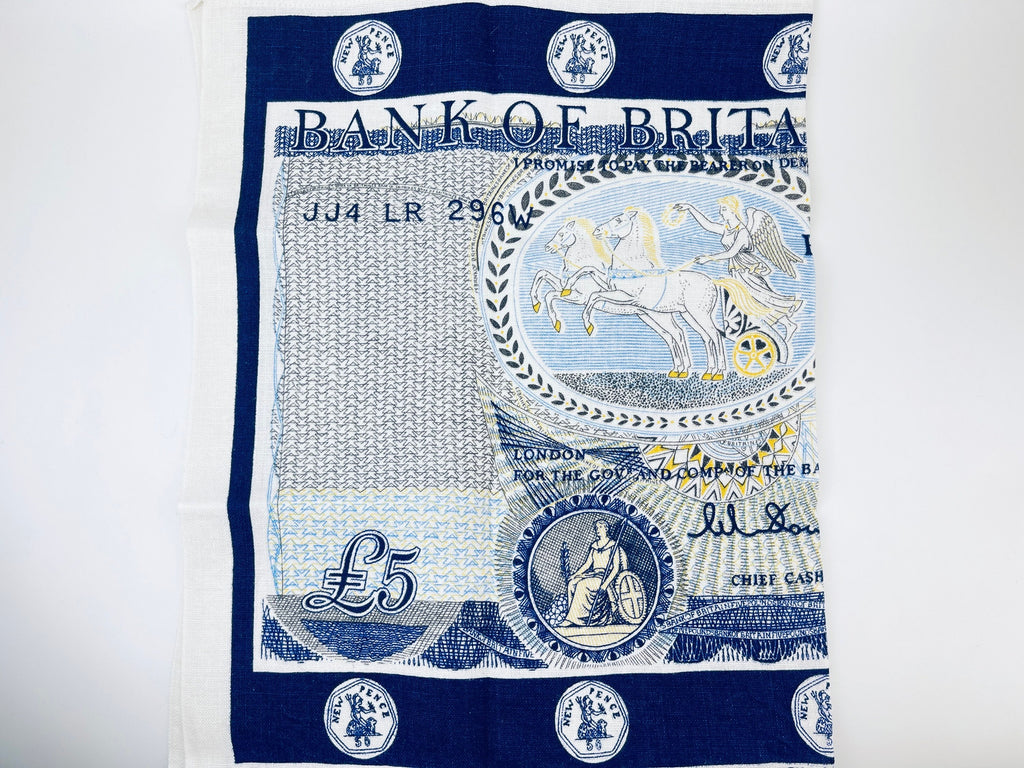Product image for 'vintage 1960s bank of britain 5 irish linen tea towel ulster weavers statement textile' (view e2d0da)