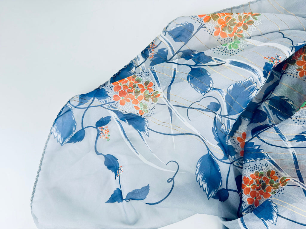 Product image for 'vintage grey lightweight sheer asian floral print metallic striped crepe fabric by lady hamilton 44 x 208 made in japan' (view 87362c)