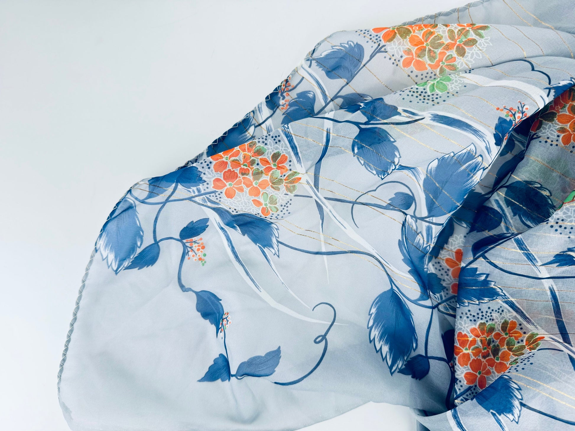 Product image for 'vintage grey lightweight sheer asian floral print metallic striped crepe fabric by lady hamilton 44 x 208 made in japan' (view 87362c)
