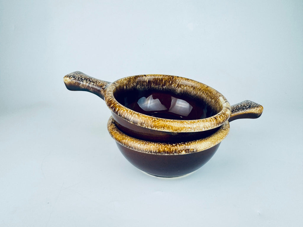 Product image for 'vintage hull oven proof usa handled soup bowls set of two 2 ceramic drip glazed brown' (view 76aca7)
