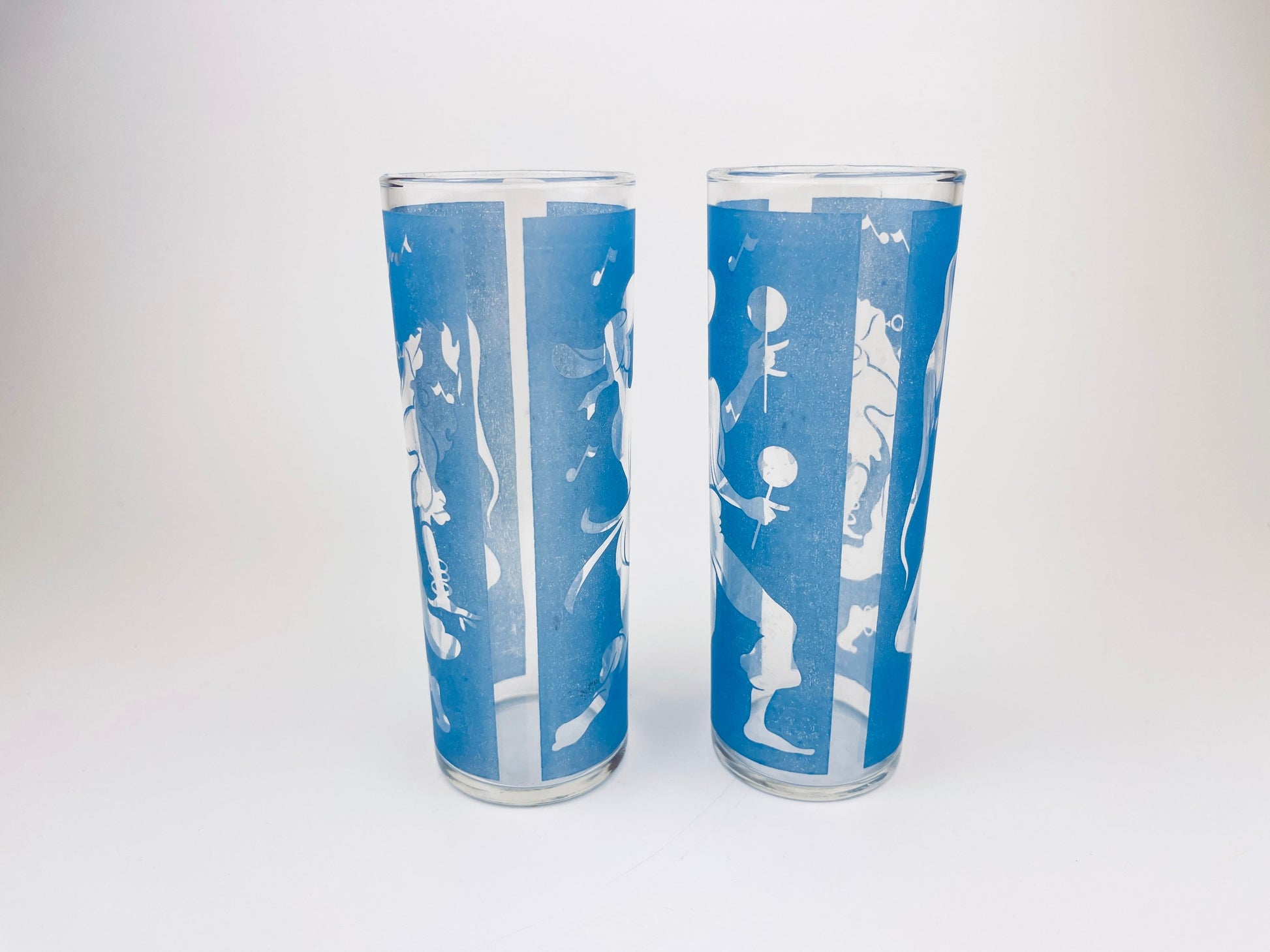 Product image for 'vintage blue frosted dancing silhouette highball zombie glasses set of two 2 juice barware glasses' (view f96381)