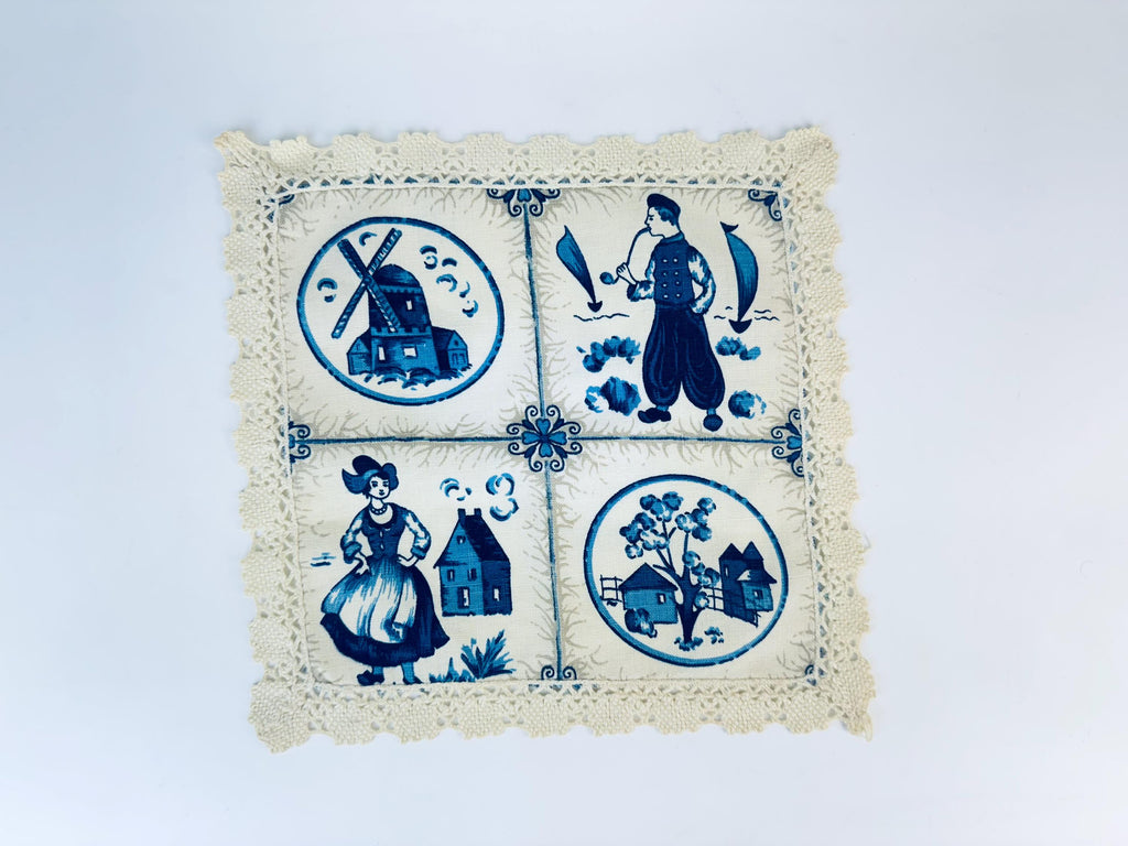 Product image for 'vintage beige blue delft inspired lace edge table runner centrepiece doily' (view e14a43)