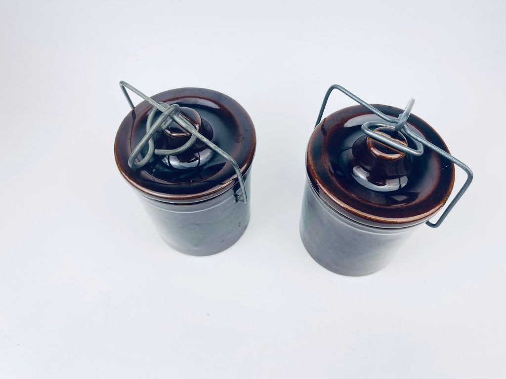 Product image for 'vintage brown drip glazed ceramic jar canister metal clasp top' (view 32f4ab)