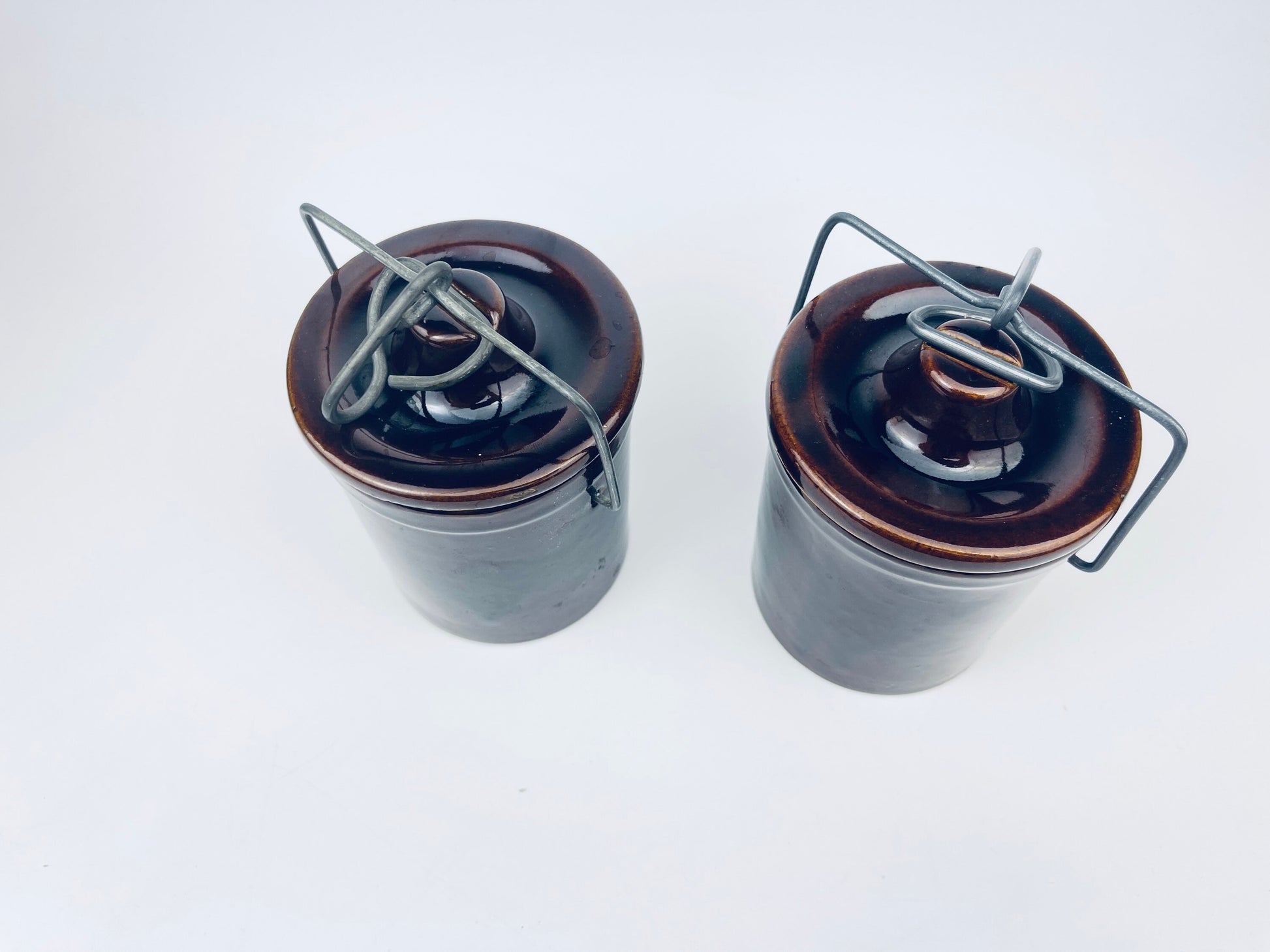 Product image for 'vintage brown drip glazed ceramic jar canister metal clasp top' (view 32f4ab)