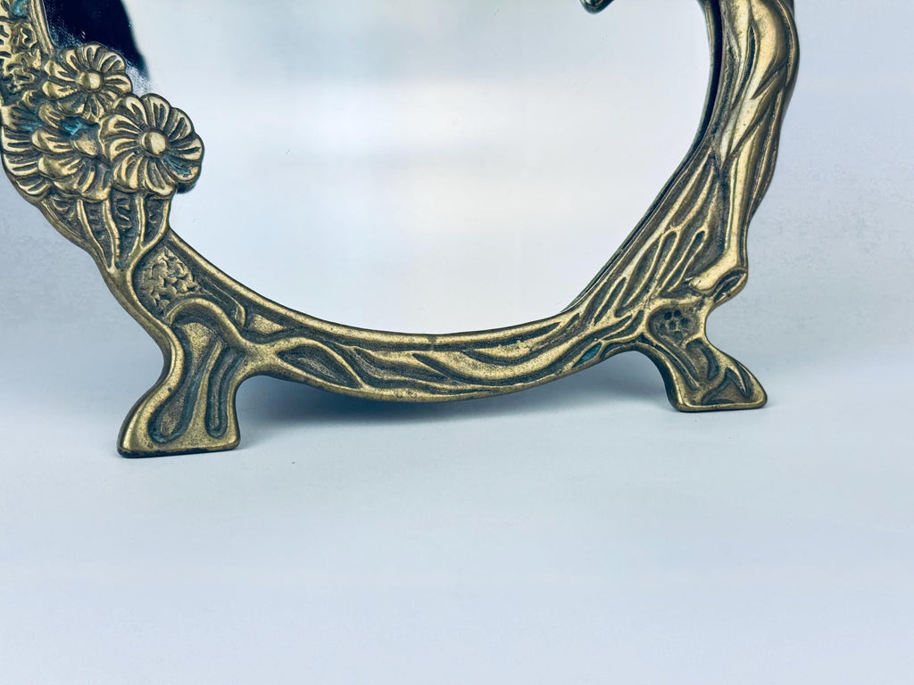 Product image for 'vintage art nouveau round brass tabletop mirror wood nymph maiden woman by the lake' (view acd050)