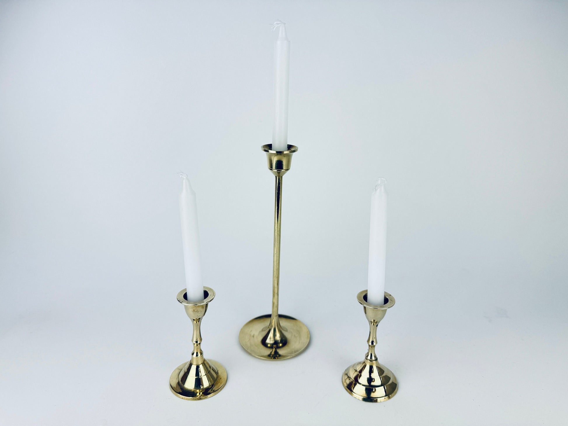 Product image for 'vintage tabletop brass small mini spell prayer candle stick holders mixed lot of three 3 attractive aged metal patina' (view 2f8ce9)