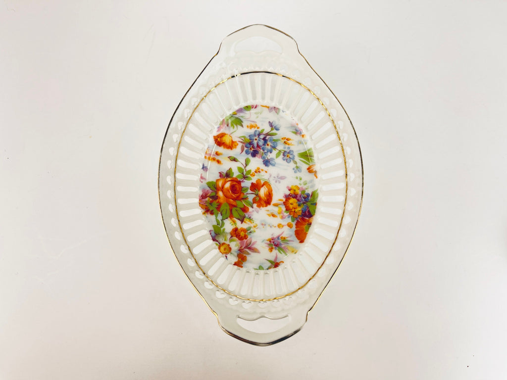 Product image for 'vintage reticulated ceramic dish flower motif pattern with gold rimmed top made in germany' (view 3737b0)