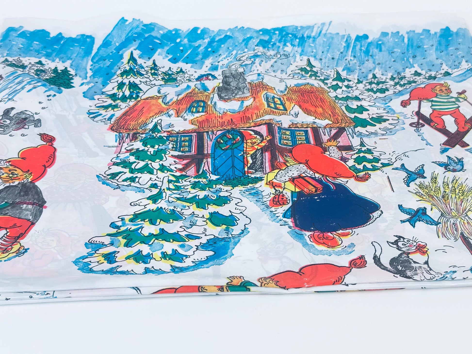 Product image for 'vintage whimsical winter wonderland plastic table cloth nordic folklore christmas kids table' (view f65dbf)