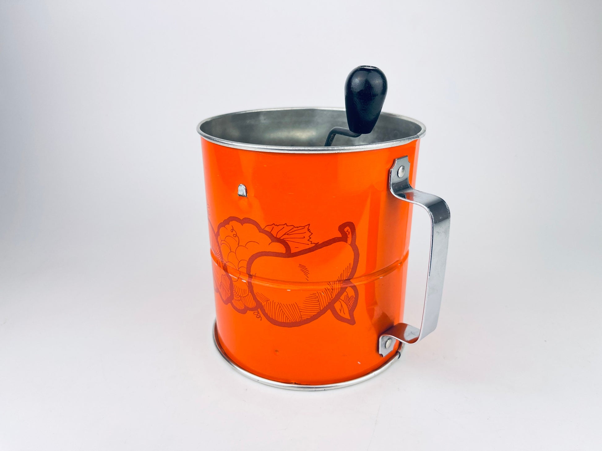 Product image for 'vintage orange metal flour sifter merry mushroom veggie pattern three 3 screen layers' (view 4ed2df)