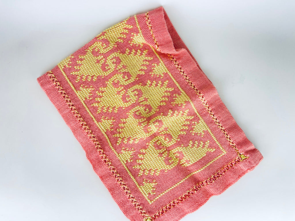 Product image for 'vintage pink yellow hand embroidered rectangular table runner geometric pattern' (view 77e85d)