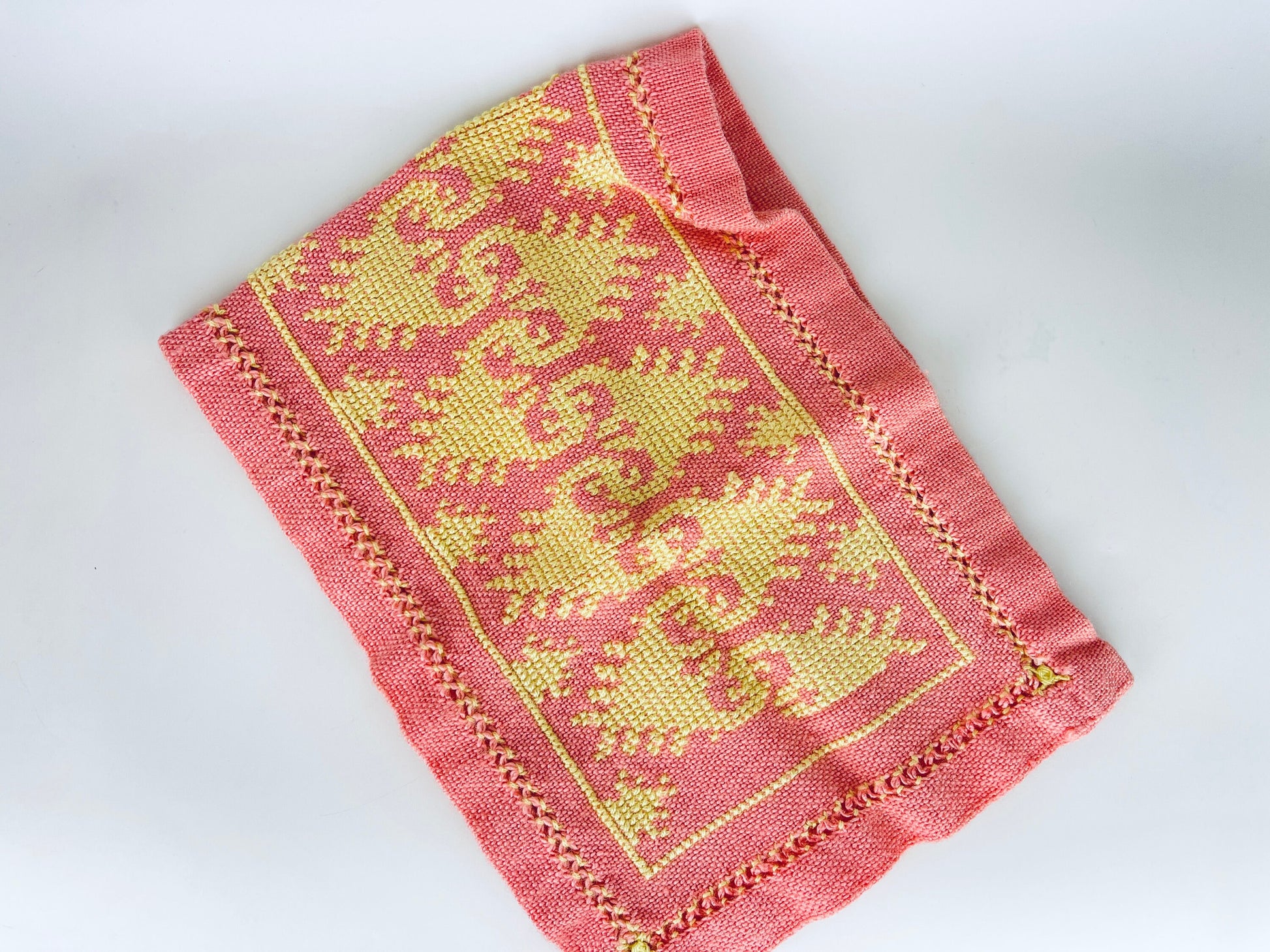 Product image for 'vintage pink yellow hand embroidered rectangular table runner geometric pattern' (view 77e85d)